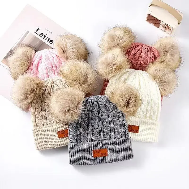 Hot Sale Winter Hat Kid Cap Children Double Pompom Winter Hat  Cute Knitted Hat For Girls Boys Casual Girls Hat Baby Beanie Cap