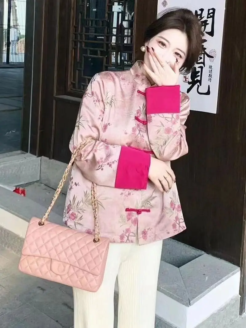 Improved National Style Vintage Modern Hanfu Embroidery Women Jacket Pink Chinese Tang Suit Top Women Spring Autumn New
