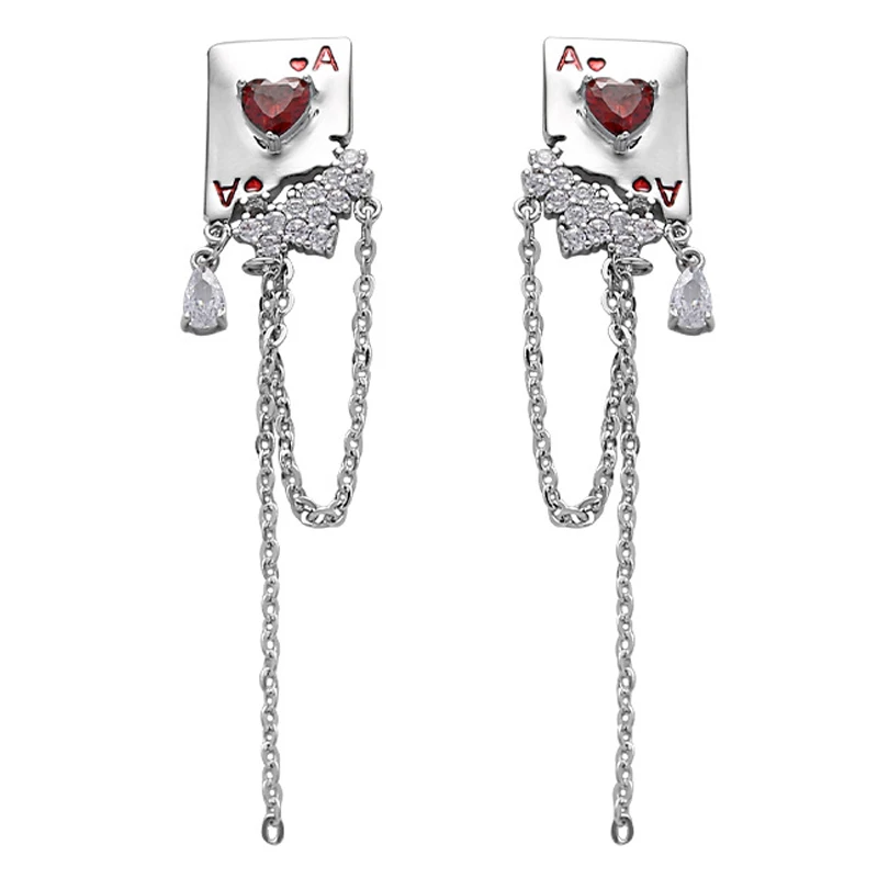 

Eetit Delicate Shiny Cubic Zirconia Glass Ace of Hearts Poker Tassel Chain Drop Earrings Temperament Charm Chic Jewelry Gift