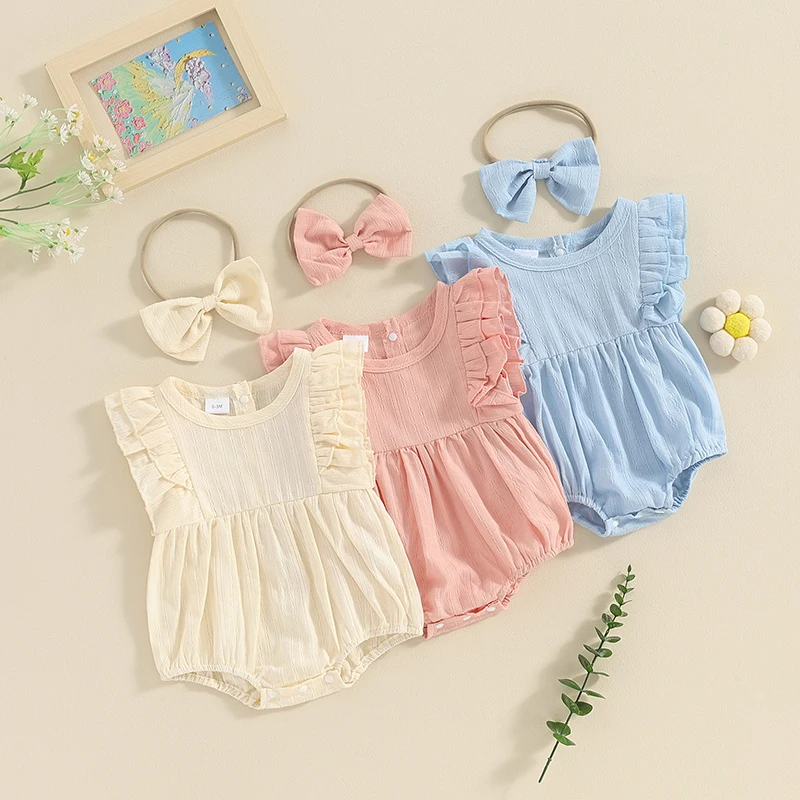 

New Summer Infant Toddler Newborn Baby Girls Ruffled Sleeveless Solid Color Romper Sunsuit Jumpsuit Headband Casual Clothes