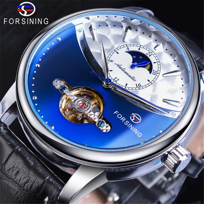 

2023 Fashion Forsining Mens Automatic Mechanical Tourbillon Sport Clock Flywheel Multi-function Moon Display Leather Wrist Watch