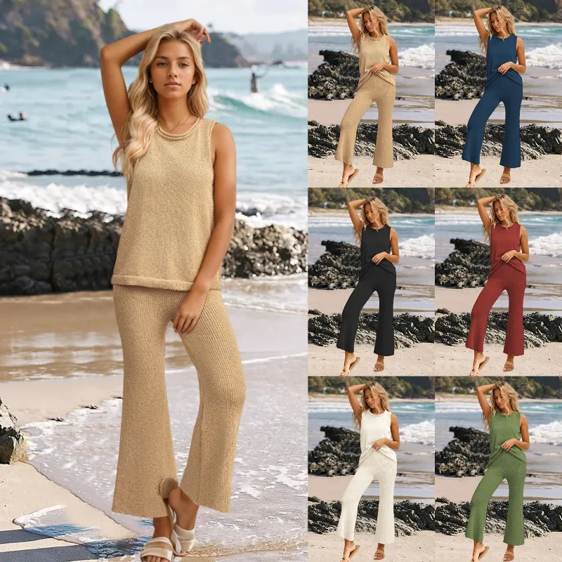 Women's Knitted V Neck Sweater and Casual Pants Two Piece Set Sleeveless Vest Wide Leg Pants Leisure Suit  Streetwear