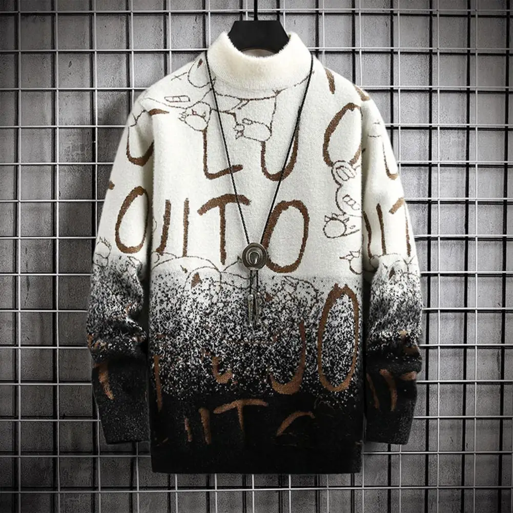 

Letter Print Sweater Thick Knitted Cartoon Print Men's Sweater Warm Pullover with Plush Lining Crew Neck Long Sleeves Fall