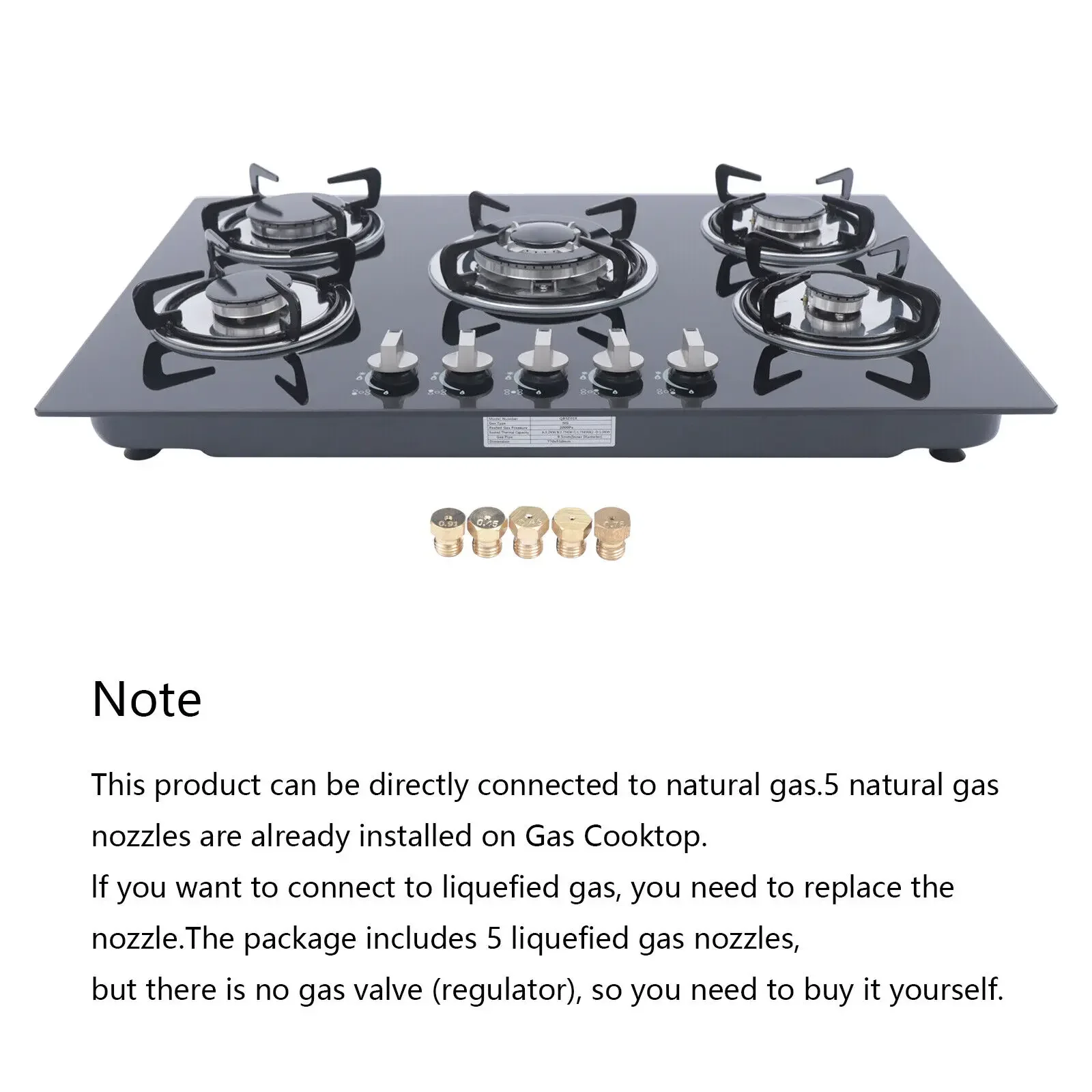 Kitchen 5 Burners Built-in Gas Hob Cooktop Tempered Glass Surface & Porcelain Enamel Grates for Natural Gas Lpg Gas