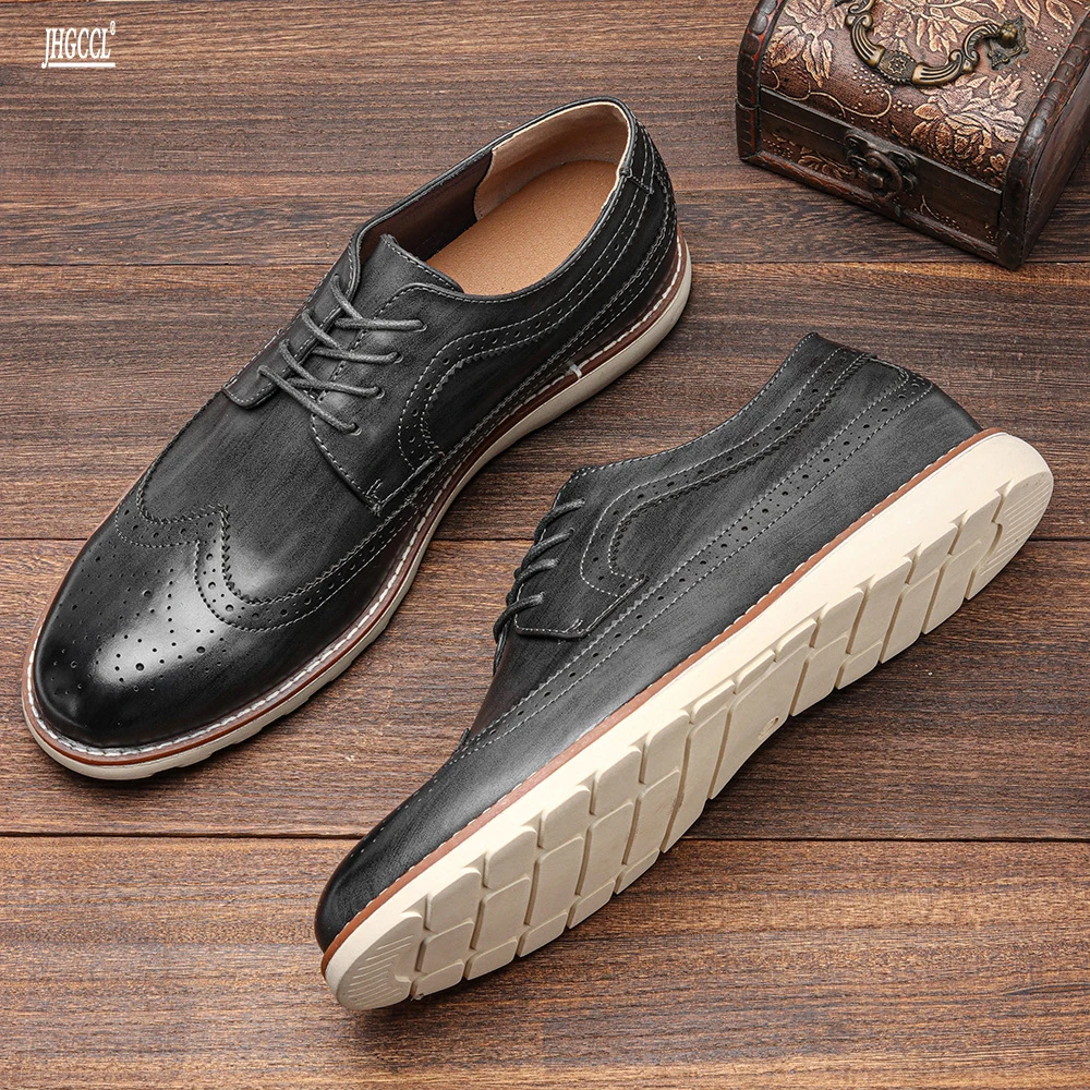 

New men's leather head layer cowhide trend sports lace-up leather shoes business casual shoes large size A1