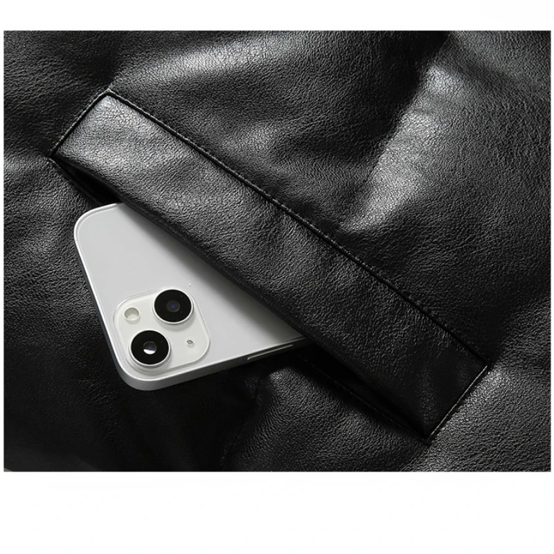 Winter Thick Warm Stand Collar Parka Men PU Leather Jacket Puffer Jacket Cotton-padded Jacket Plus Size Long Sleeve Casual Loose