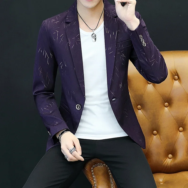 Mens Blazer Fashion Print Casual Business Hot Stamping Stripe Slim Suit Jacket