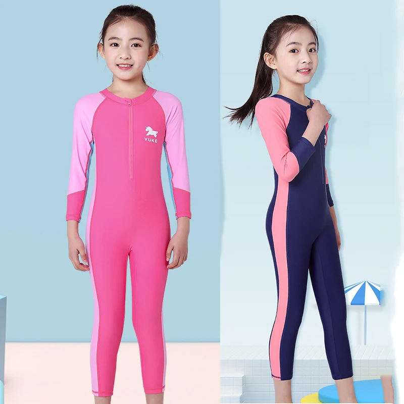 YUKE UPF 50+ Rash Guard Gilrs Boys Long Sleeve One Piece Swimsuit for kids Teen Children Beach Surf Swimming Suit Quick dry Warm