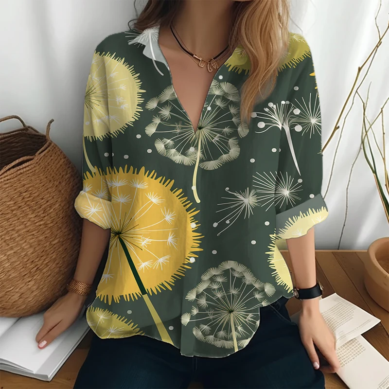 

Outdoor Shopping Shirt Women's Fashion Elegant Shirt Spring Autumn Casual Long Sleeve Shirt Dandelion 3D Printed Buttons Shirt