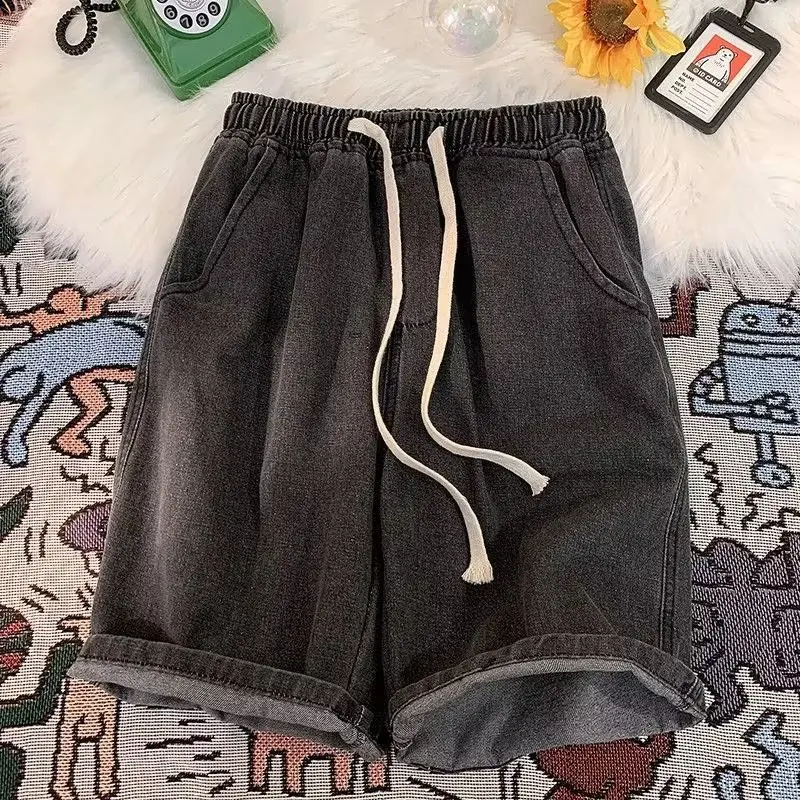 2025 New Korean Style Vintage Men's Jeans Summer Loose Male Wide Leg Knee Length Shorts New Washed Fashion Short Denim Pants 1