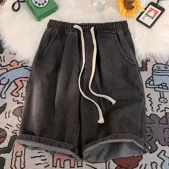 2025 New Korean Style Vintage Men's Jeans Summer Loose Male Wide Leg Knee Length Shorts New Washed Fashion Short Denim Pants 1