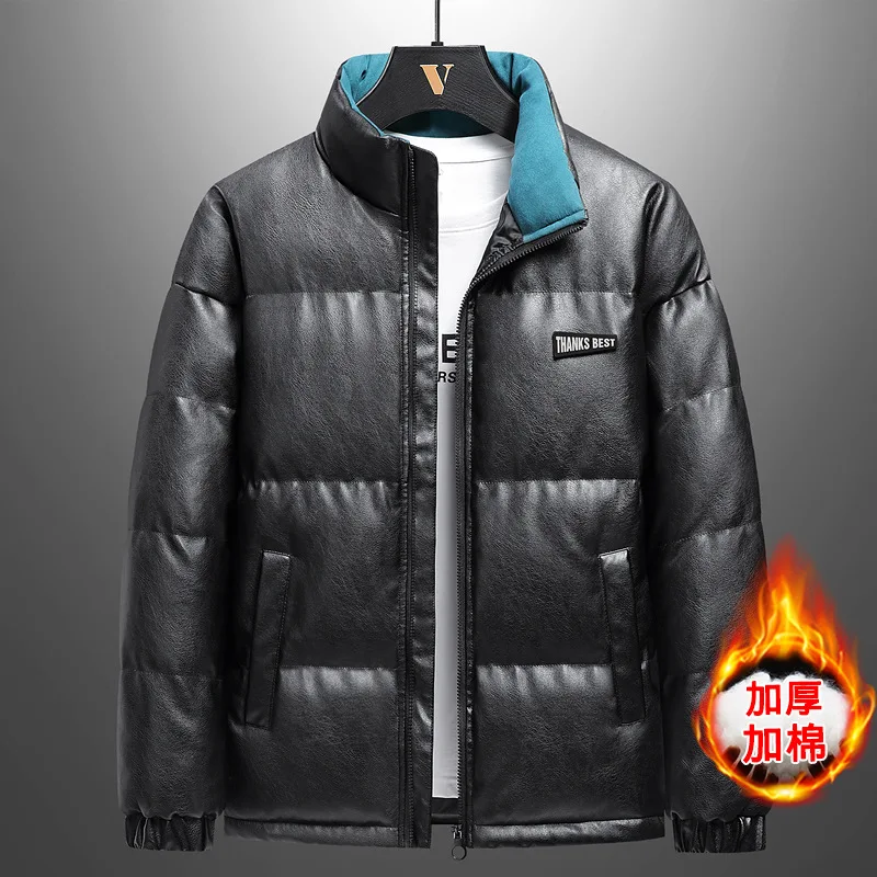 Winter Thick Warm Stand Collar Parka Men PU Leather Jacket Puffer Jacket Cotton-padded Jacket Plus Size Long Sleeve Casual Loose