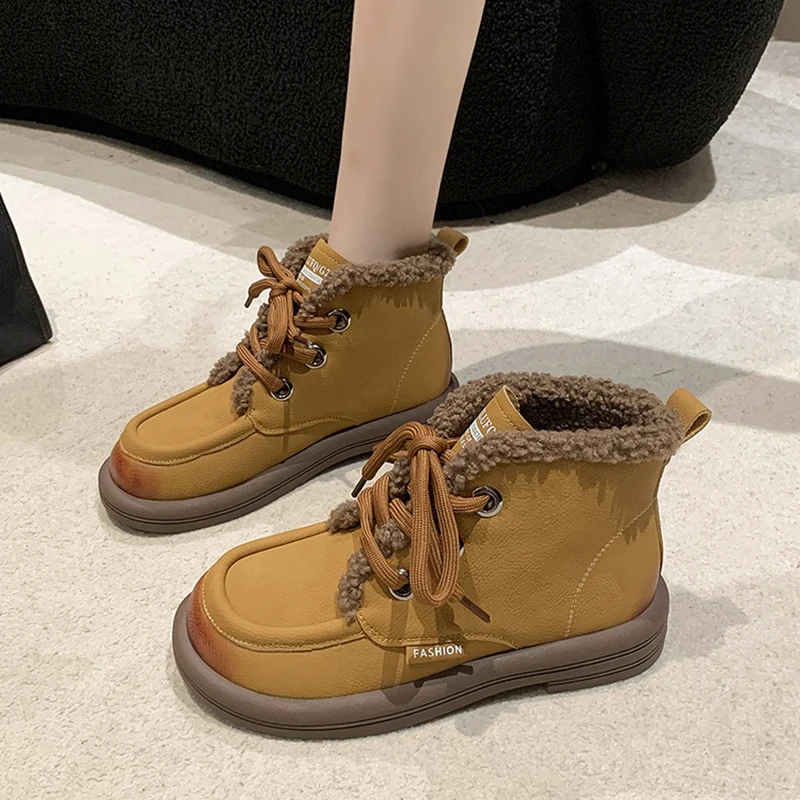 

Женские ботинки с круглым носком, Осенние австралийские ботинки, женская обувь, плюшевая зимняя обувь на платформе, обувь на плоской подошве для снега, 2023