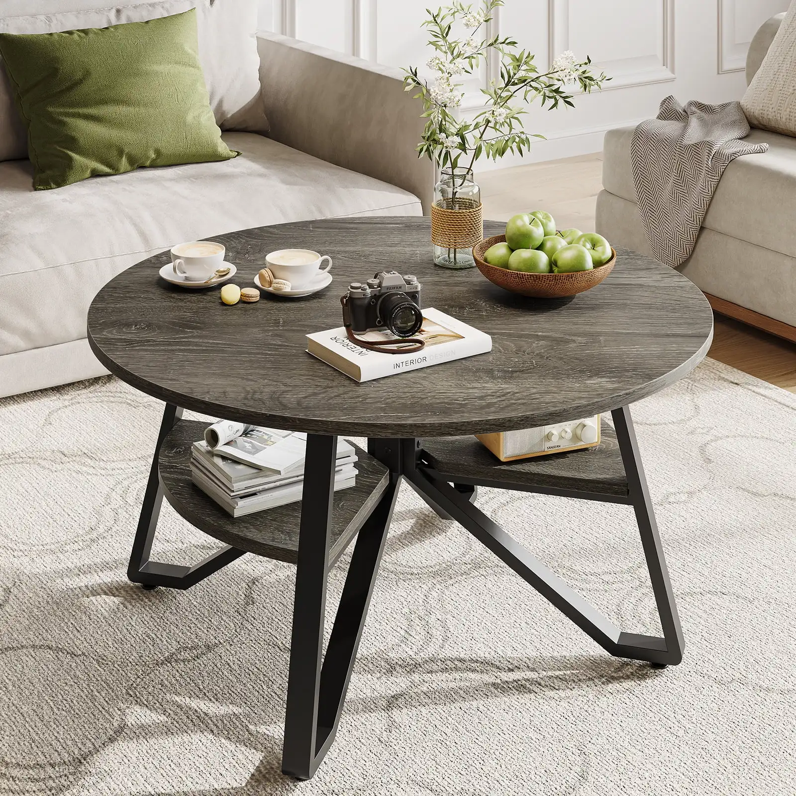 

Bestier Round Coffee Table with Storage, Living Room Tables with Sturdy Metal Legs, Retro Grey Oak