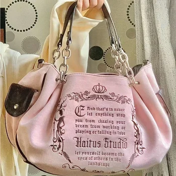 Y2K Women Pink Vintage Gothic Tote Bag Aesthetic Large Capacity Embroidery Letter Retro Ladies Grunge Chain Travel Shoulder Bags 1