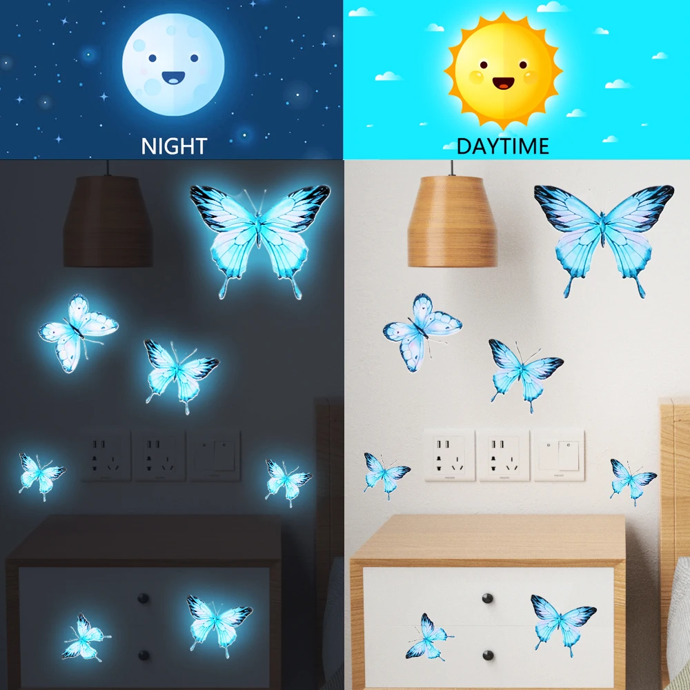 6/1 Sheets Luminous Butterfly Wall Stickers Glow in The Dark Wall Decals DIY Butterfly Wallpaper Kids Room Bedroom Decors