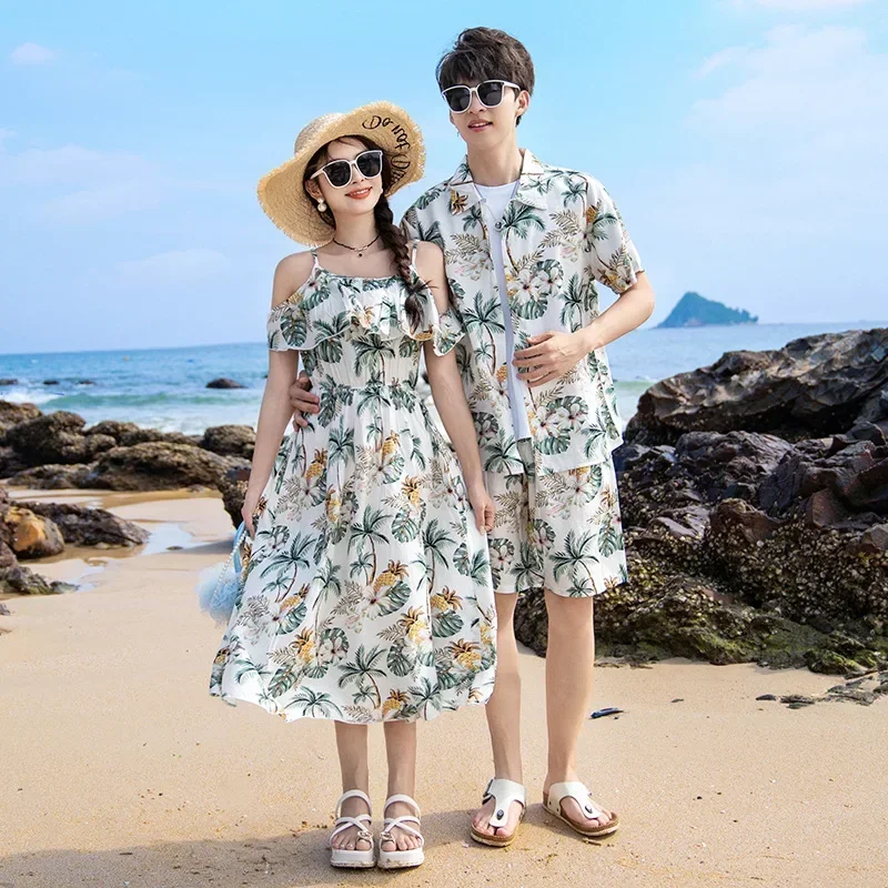 Vacation Look Couple Matching Clothes Family Clothing Mother and Daughter Resort Dress Father Beach Shirts Shorts Two Piece Sets 3