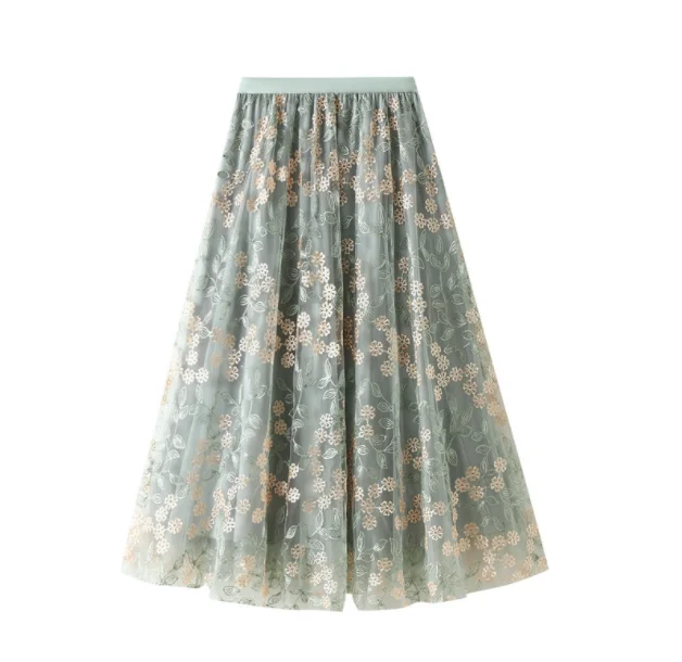 2023 Summer Embroidery Floral Mesh Long Skirt Women Elastic High Waist A Lien Tulle Green Skirts Korean Casual Tennis Skirt 2023 summer embroidery floral mesh long skirt women elastic high waist a lien tulle green skirts korean casual tennis skirt