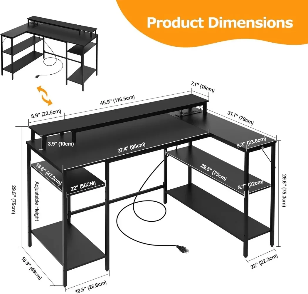 L Shaped Gaming Desk with LED Lights & Power Outlets, Reversible Computer Desk with Stand & Shelves 2