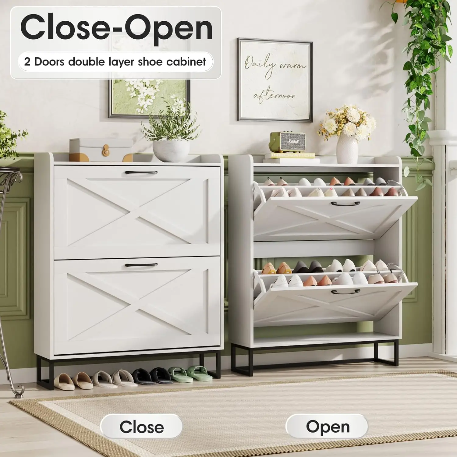 Shoe Cabinet with 2 Flip Drawers, Freestanding Shoe Cabinet Organizer with Metal Legs, Shoes Storage Cabinet for Entryway