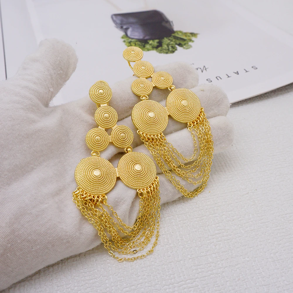 African Dubai Gold Color Luxury Large Drop Earring For Wedding Party Jewelry Arabic Indian Copper Long Earrings Tassel Pendant