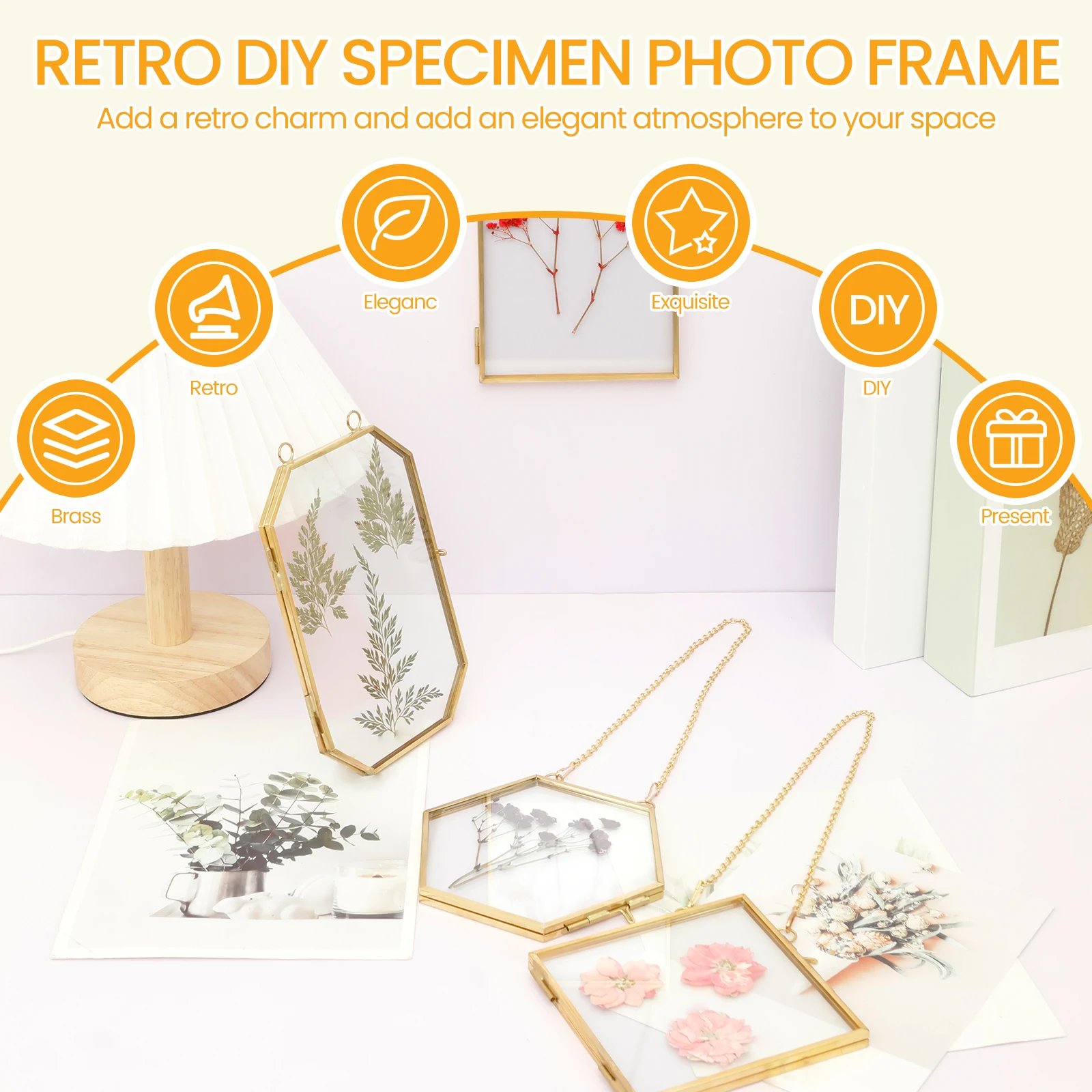 4Pcs Double Glass Frame with Chain Hanging Picture Frame Flower Pressed Dried Flowers Glass Frame Wall Decor