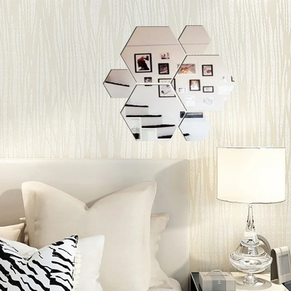 24pcs 3D Hexagon Mirror Wall Sticker Acrylic Geometric Art Tile DIY Self-adhesive Decal Replacement Home Living Room Decoration