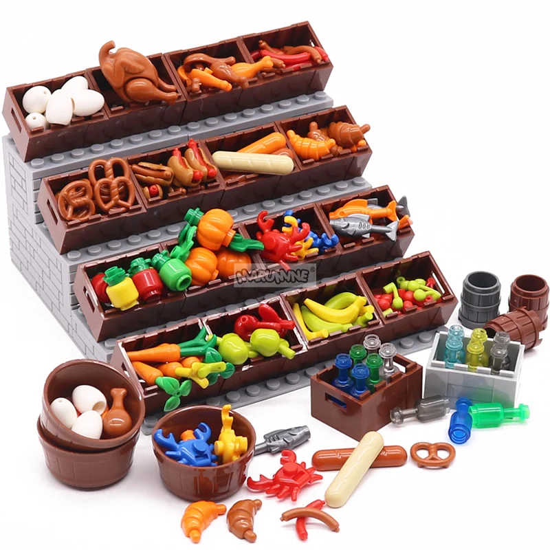 Marumine Mini Food Table Block Parts MOC Model Roasted Chicken Hot Dog Banana Cherry Fruit Vegetables Classic Ingredients Toys 2