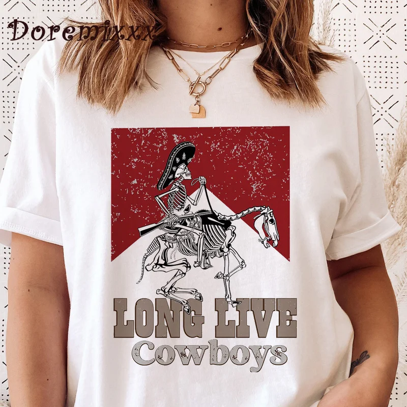 

Long Live Cowboy Tshirt Cowboy Skeleton Graphic T-shirts Harajuku Streetwear Hip-Hop T-shirt Aesthetic Vintage Clothes