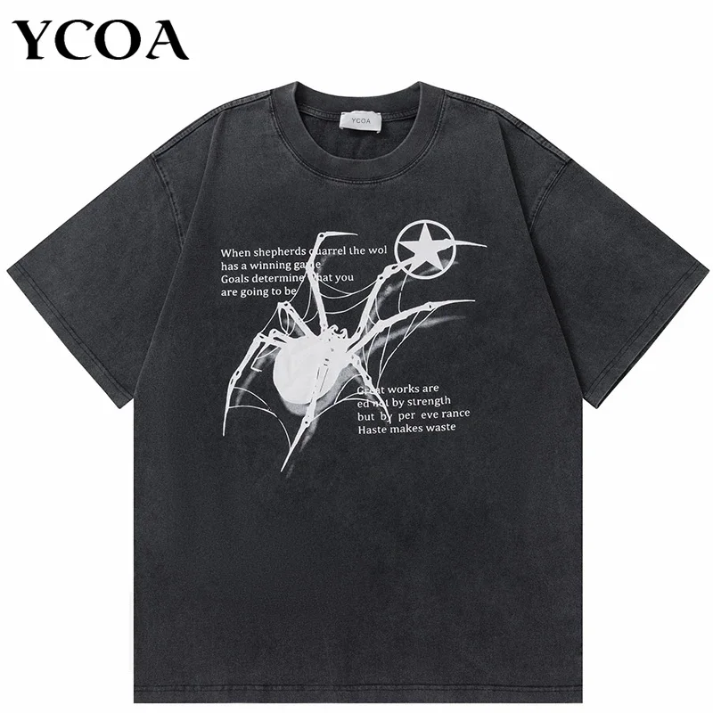 Männer T-Shirt Street Hip Hop Übergroßen Y2k Gewaschen Schwarz Spinne Grafik Harajuku Gothic Vintage Baumwolle Tops Tees Lose Kleidung