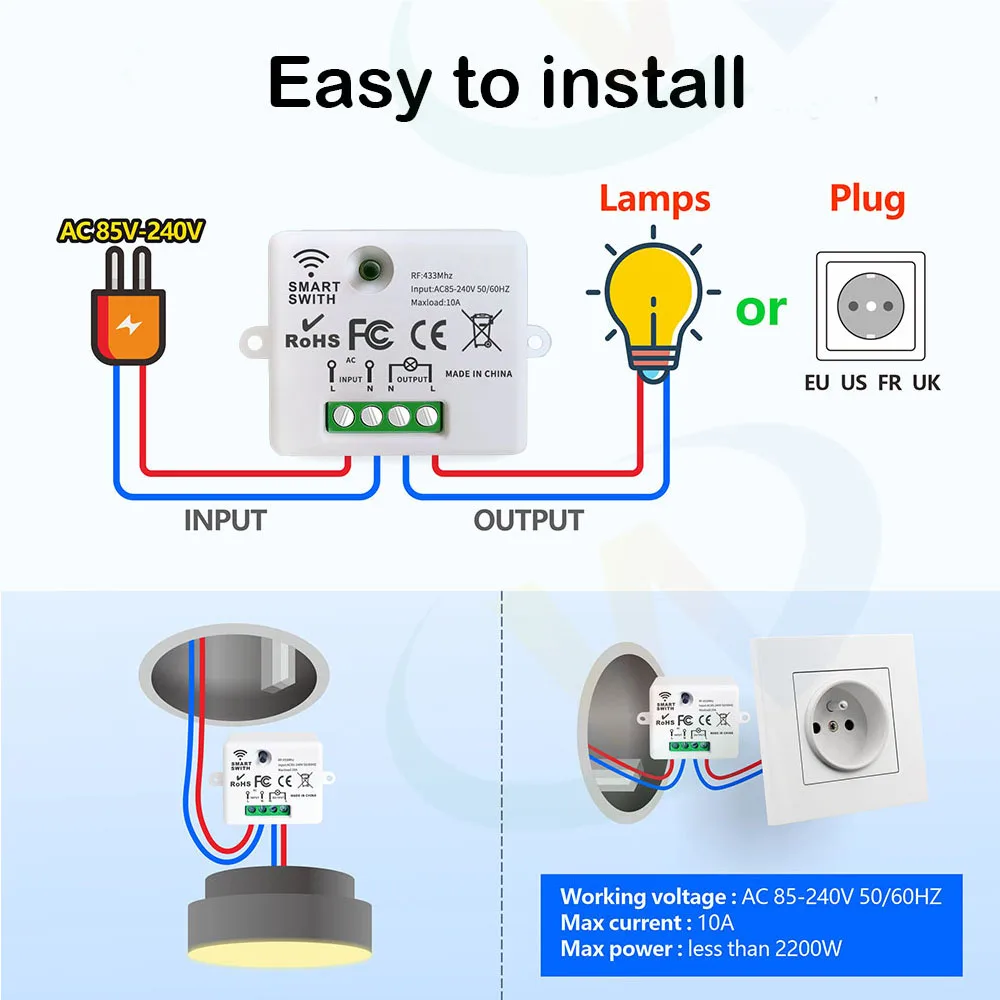 433Mhz Draadloze Smart Switch Licht Mini Wandpaneel Schakelaar Met Afstandsbediening Mini Relais Ontvanger 220V Thuis Led licht Lamp Fan