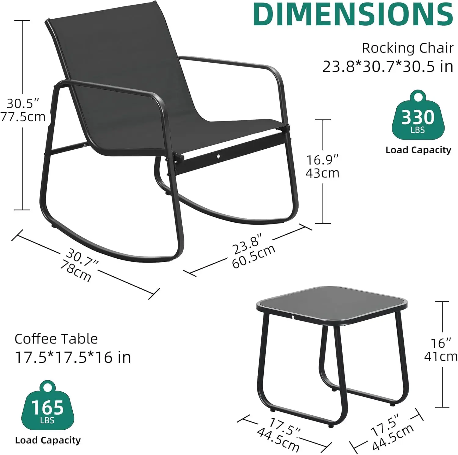 3 Piece Patio Set. Rocking Chairs. Glass Table. Textilene Fabric. Outdoor Set. Backyard, Garden, Balcony, Poolside. Black.