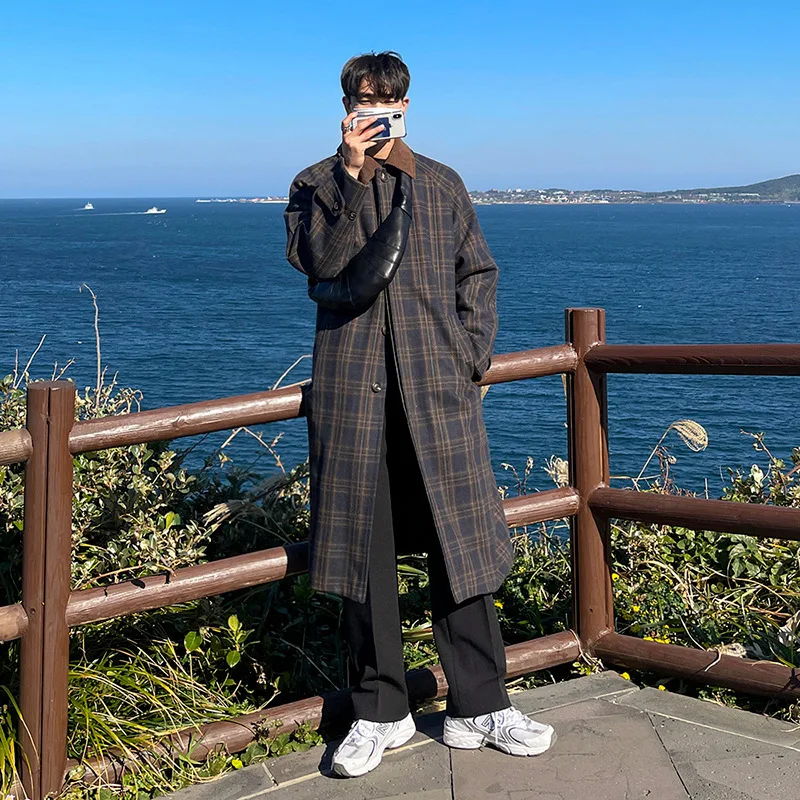 Japanese Plaid Fur Coat Men's Mid Length Autumn and Winter Trend Korean Trench Coat Loose Casual Coat