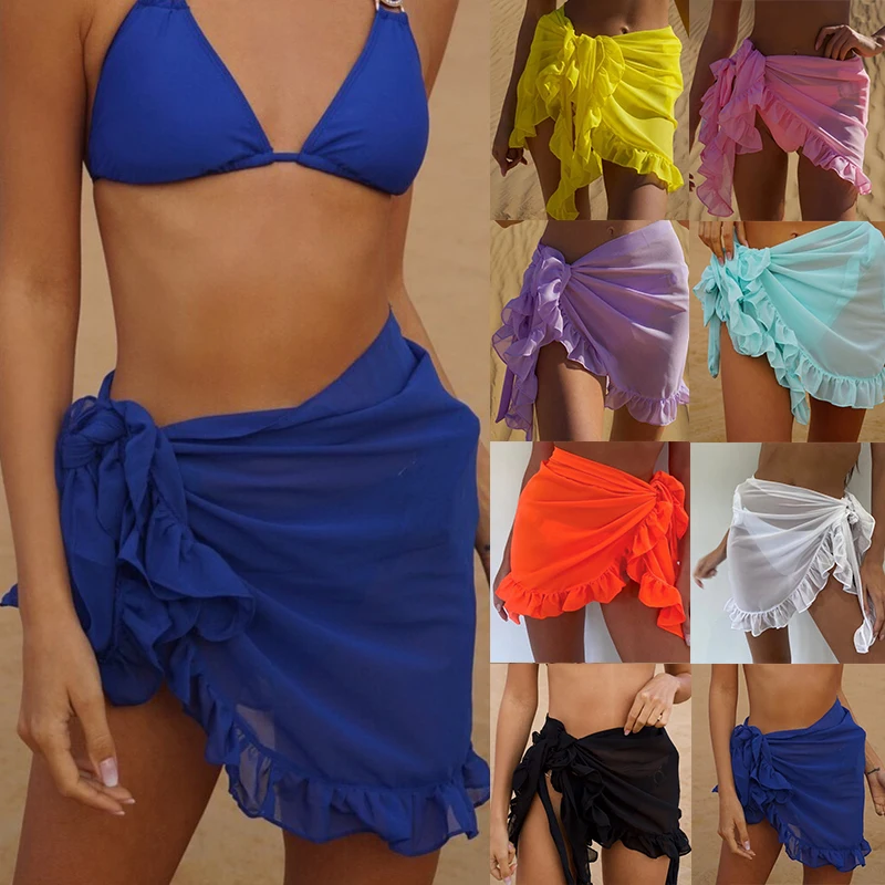 

Women's Chiffon Solid Color Sunscreen Bikini Ear Edge Beach Skirt Cover Up Wrap Skirt Sarong Dress Beach Mini Skirt Beach Wear