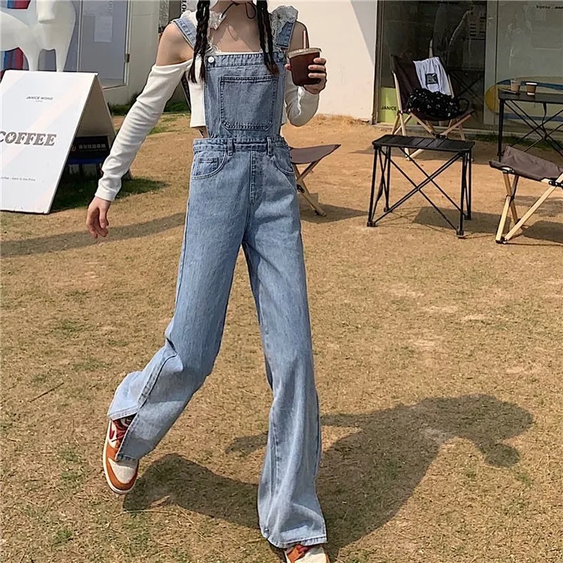 

Jumpsuits Women Button Denim Side-slit Jumpsuit Loose Wide-leg Trousers High Street Y2k Female Jeans Fashion Casual Pants