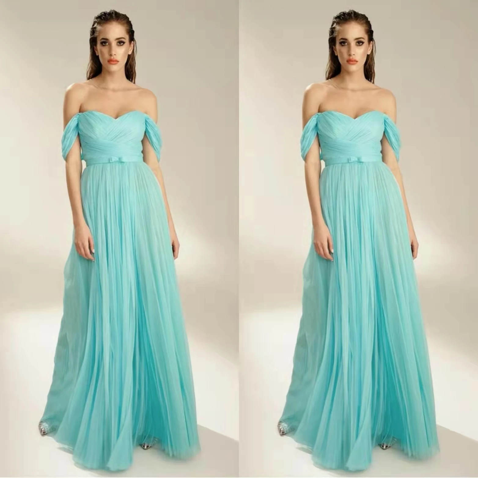 

Elegant Long Off Shoulder Chiffon Prom Dresses With Sash A-Line Floor Length Robes de soirée Evening Dress With Bow for Women