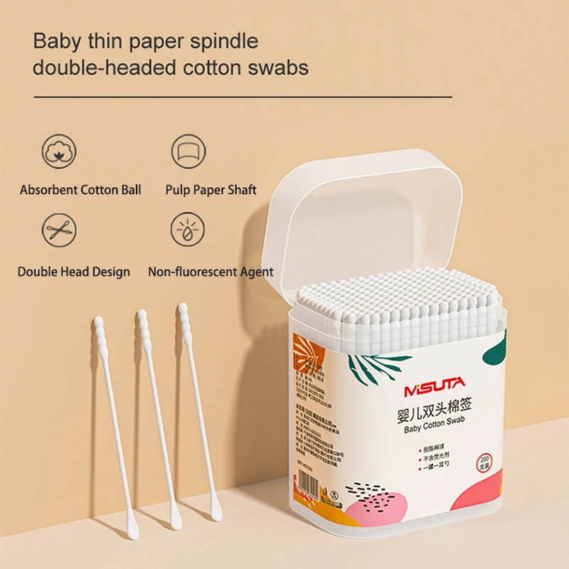 

200PCS/Box Double-headed Newborn Baby Cotton Swab Children Cotton Clean Ear Digging Newborn Spiral Head and Ear Spoon Head Swabs