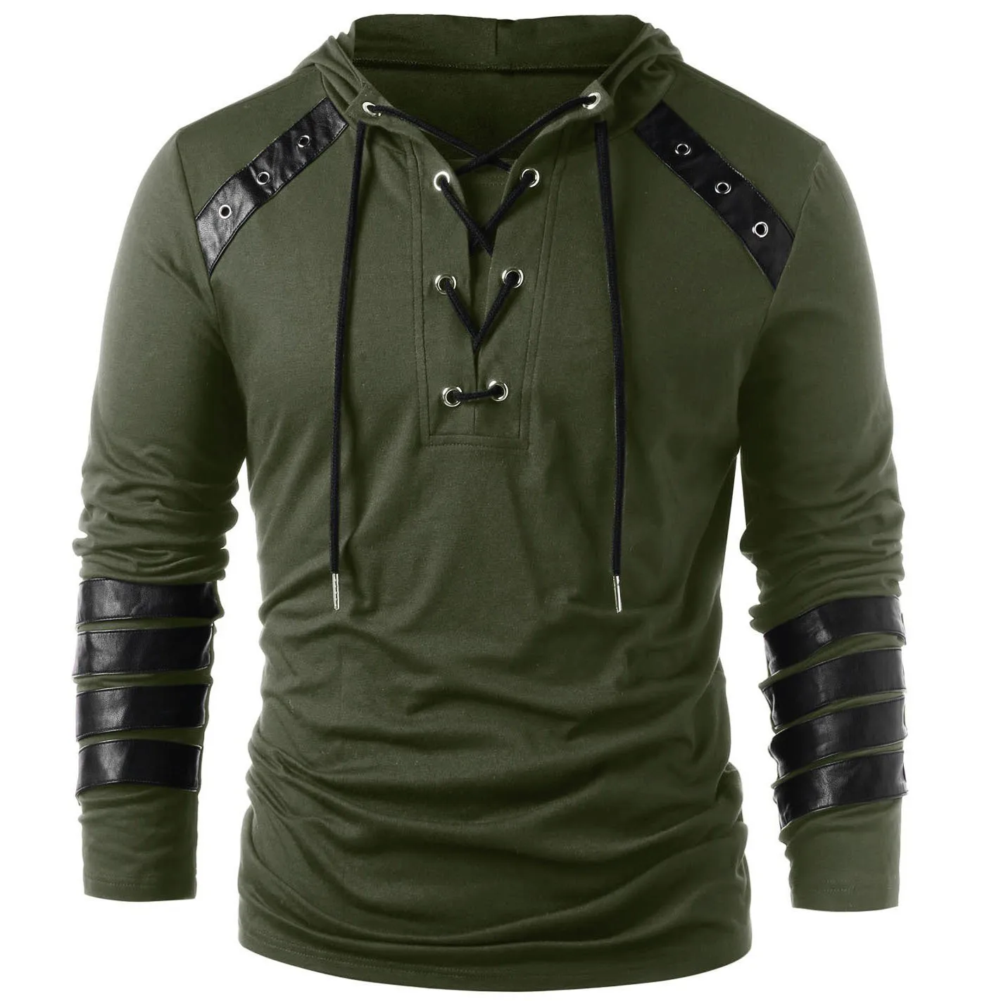 

Men Gothic Steampunk Drawcord Lace up Hoodie Medieval Knight Leather Armor Sweatshirt Long Sleeve Stitching Pullover Black