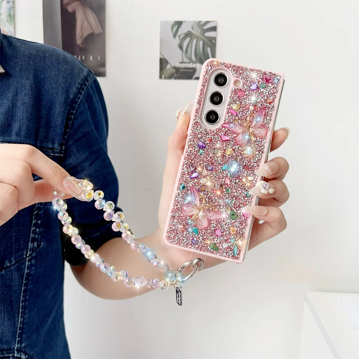 Full Diamond Glitter Shockproof Case with 3D Colorful Gem Butterfly and Strap