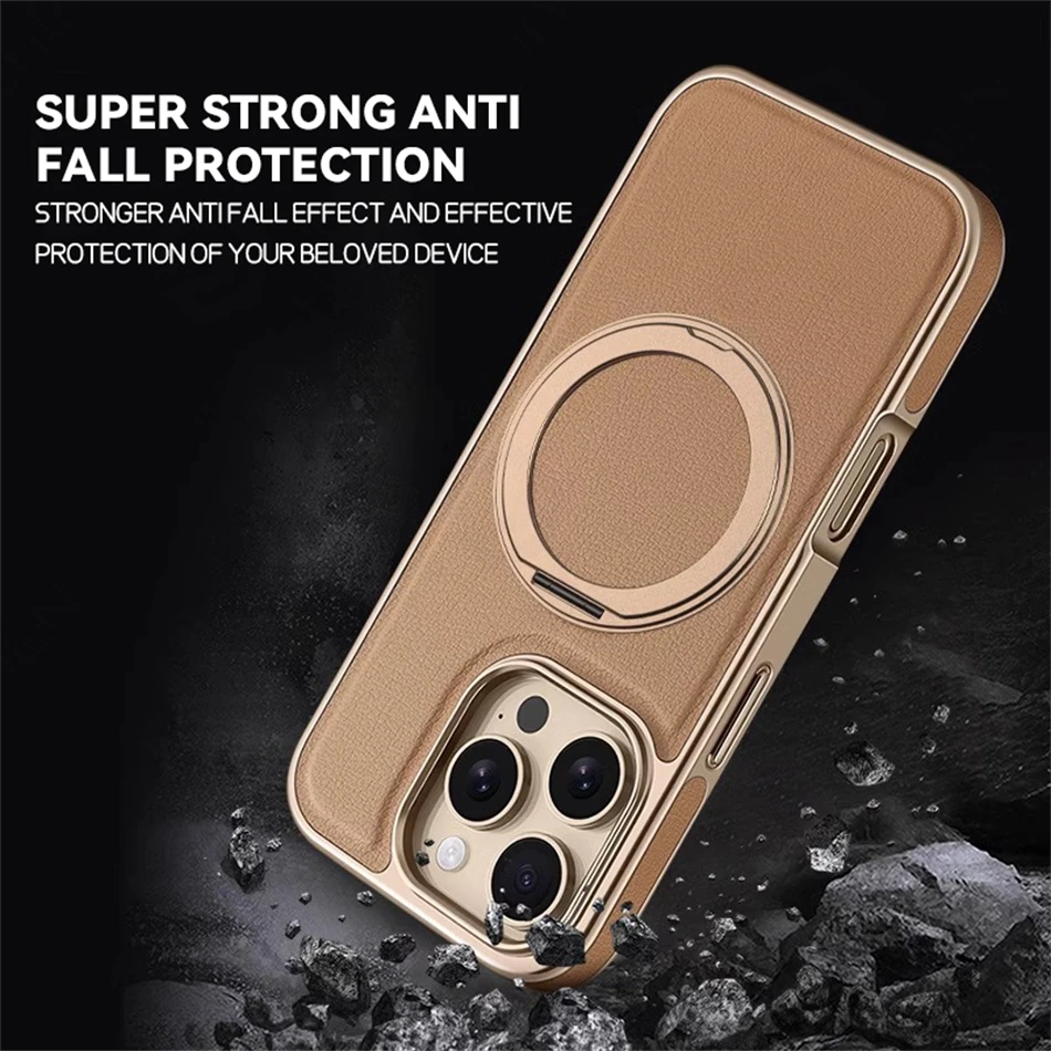 Retro Leather Magnetic Kickstand Cover with 360° Metal Bracelet Holder and Soft Bumper