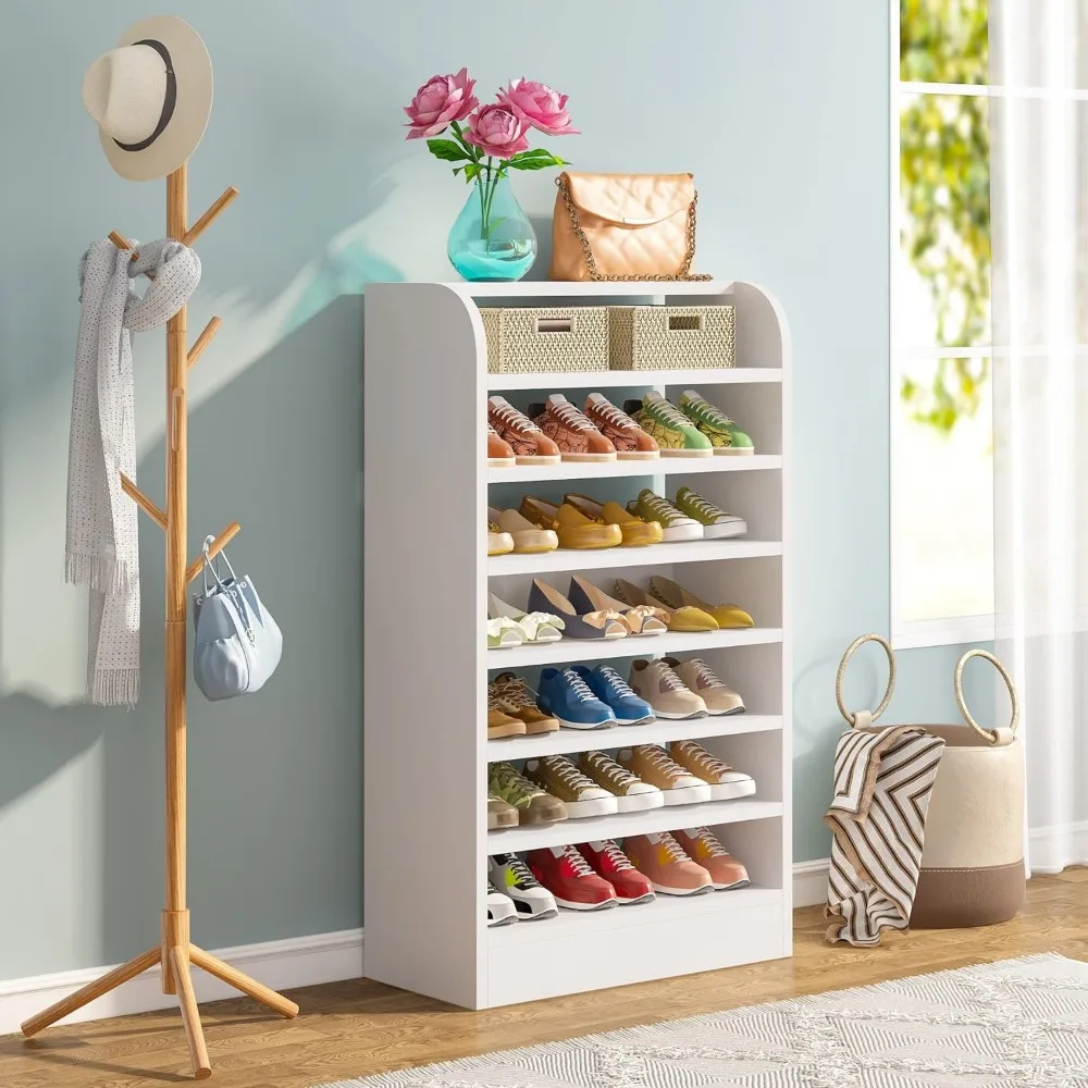 Shoe Rack, 8-Tier Tall Shoe Shelf, Wooden Storage Cabinet, White