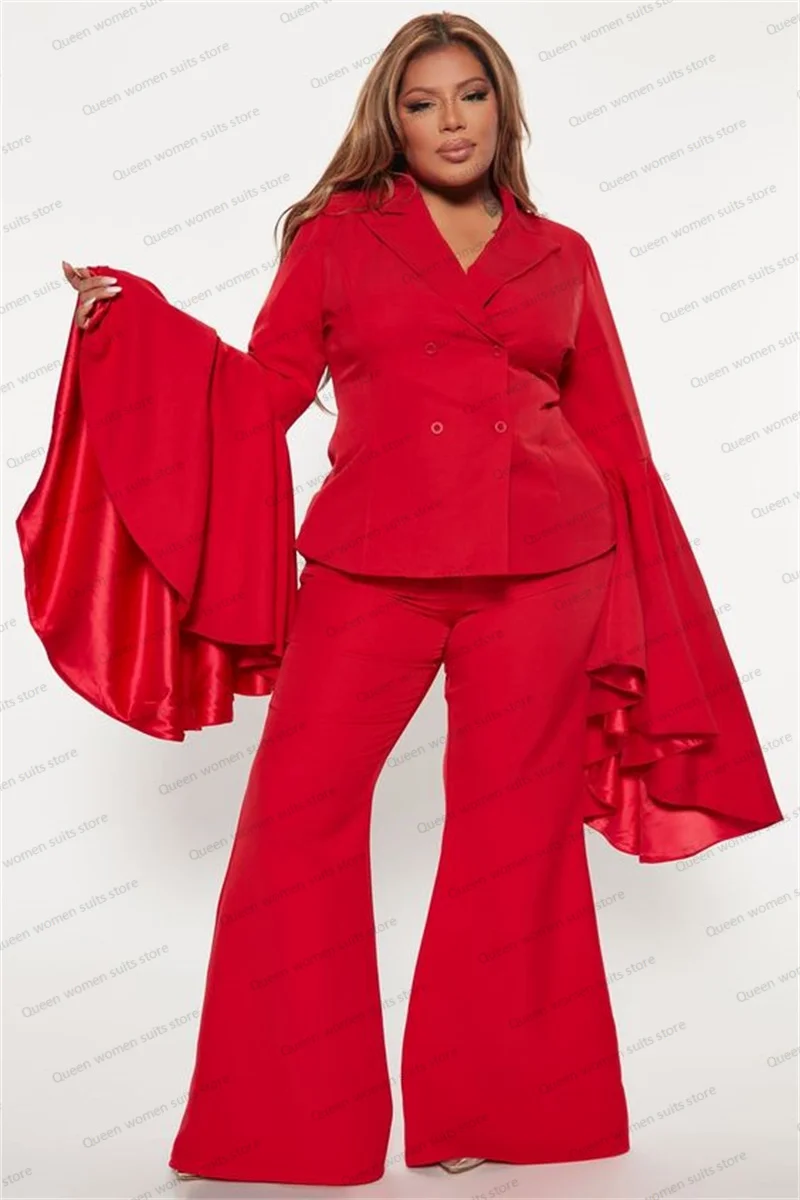 

Plus Size Red 2 Pieces Women Suits Set Blazer+Pants Wedding Tuxedos Guest Prom Dress Custom Made Lengthening Flare Sleeve Jacket