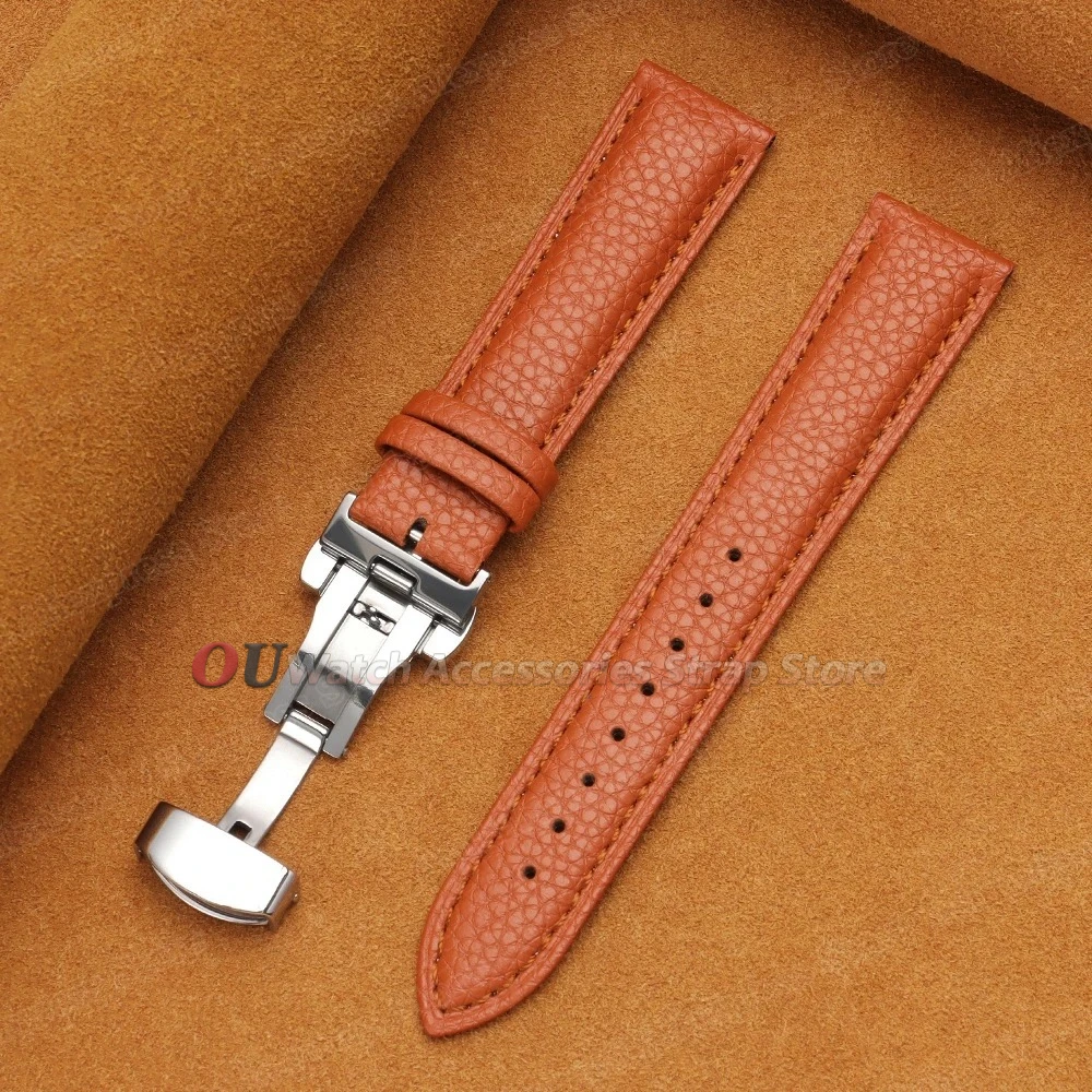 Premium Calfskin Litchi Grain Leather Watch Strap with Butterfly Buckle