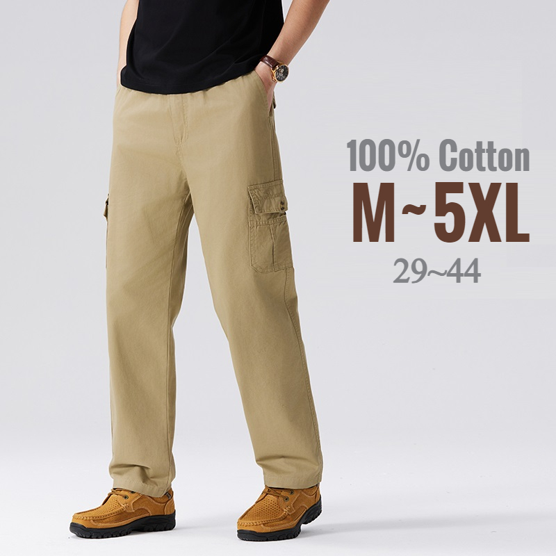 100% Cotton Men's Cargo Pants Straight Fit Loose Work Trouser Male Spring Summer High Waist Big Size Large Plus Elastic Pocket