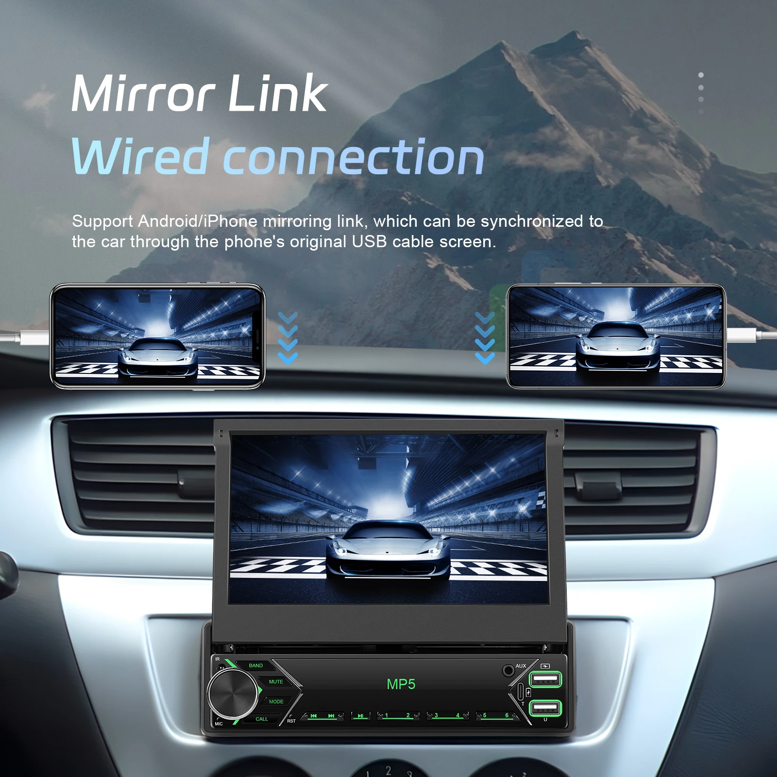 Leekooluu-Radio con cable para coche, reproductor Multimedia con Android, Carplay, pantalla retráctil Manual de 7 pulgadas, 1 Din, MP5, vídeo, Universal 4