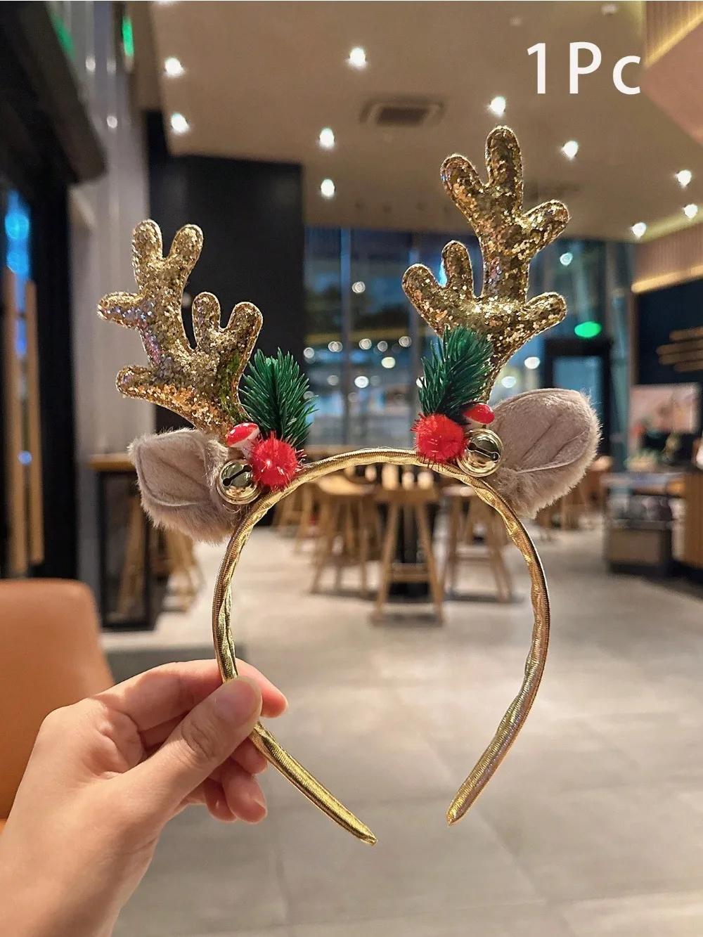 Gold Sequin Mushroom Christmas Headband Big Deer Horn Bell Sequin Festive Headwear 1pc for Women Forest Style Hair Accessories hair headband hair accessories