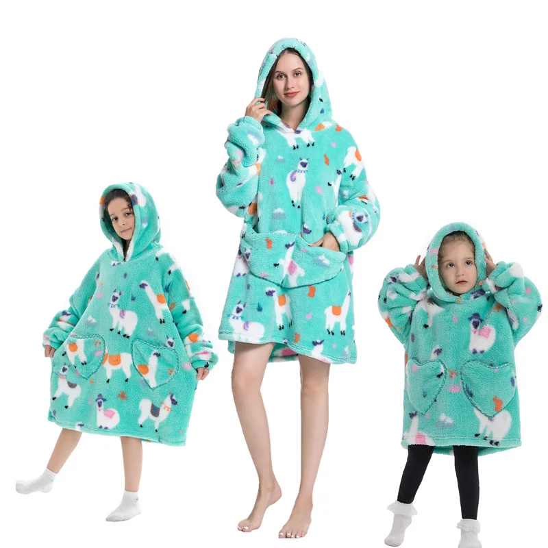 Wearable Blanket Hoodies Family Homewear Thick Loungewear Plush Flannel Pajamas For Parents