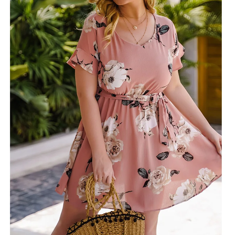 Spring Summer Plus Size Clothes for Women Floral Printing V-Neck Drawstring Waist Ruffle Short Sleeve Pink Elegant Mini Dress