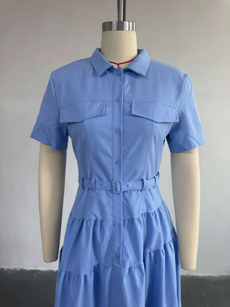 Wmstar Dress Women Wholesale Woman 2025 Summer New Fashion Lapel Short Sleeved Button Down Belt A Line Shirt Dresses One Pieces