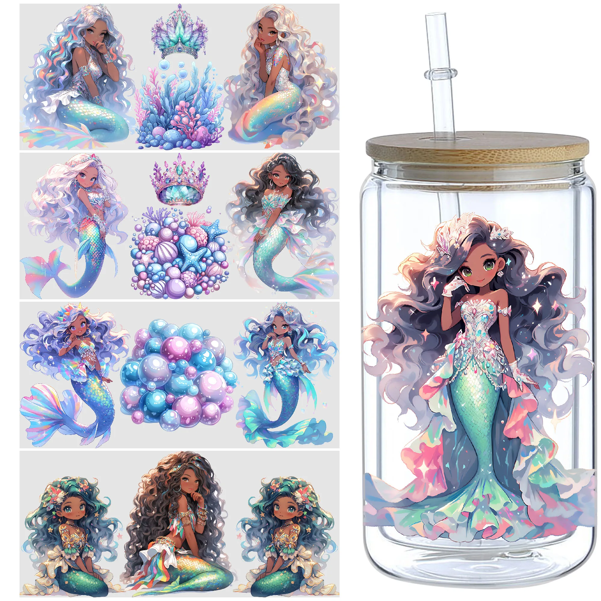 5 Sheets Mermaid UV DTF Cup Sleeve 16oz, Cup Sleeve Transfer Glass, Water Bottle Waterproof Sticker, Friction Transfer Sticker